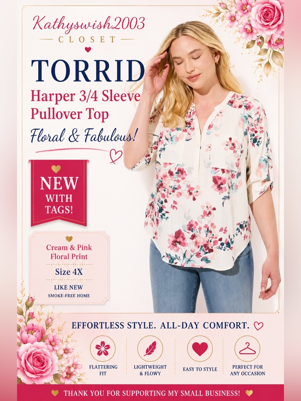 Torrid Harper 3/4 Sleeve Pullover Floral Cream & Pink Print Women's 4X Plus Top